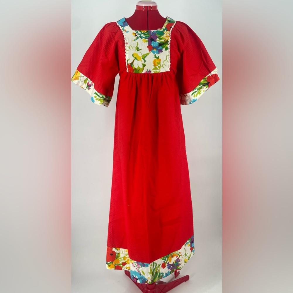 60s / 70s Sears Hawaii Red Kimono Sleeve Maxi / Kaftan Dress